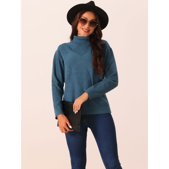 Turtleneck Long Sleeve Knitted Pullover Fall Winter Basic Jumper Top Deep Blue - Picture 3 of 5